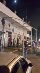 Protest tent in solidarity with the strikers being set up at the entrance to Dheisheh refugee camp near Bethlehem