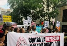 The German government outlaws and dissolves the Samidoun International Network of Solidarity with Political Prisoners. Imagen: Pancarta de apoyo a Samidoun Alemaina en una manifestación en Madrid